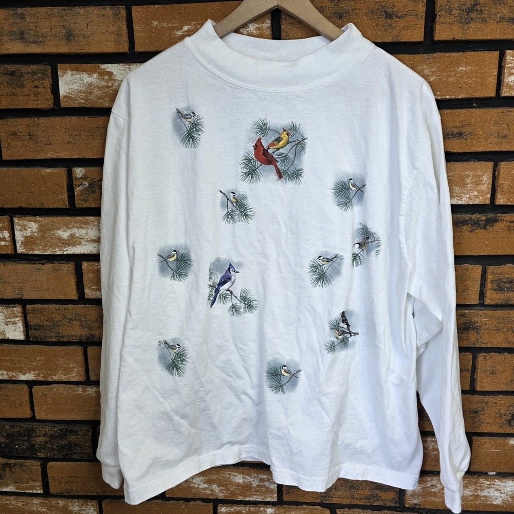 Vintage 90s Artisans White XL‎ Grannycore Screenprint Bird Nature Made In USA